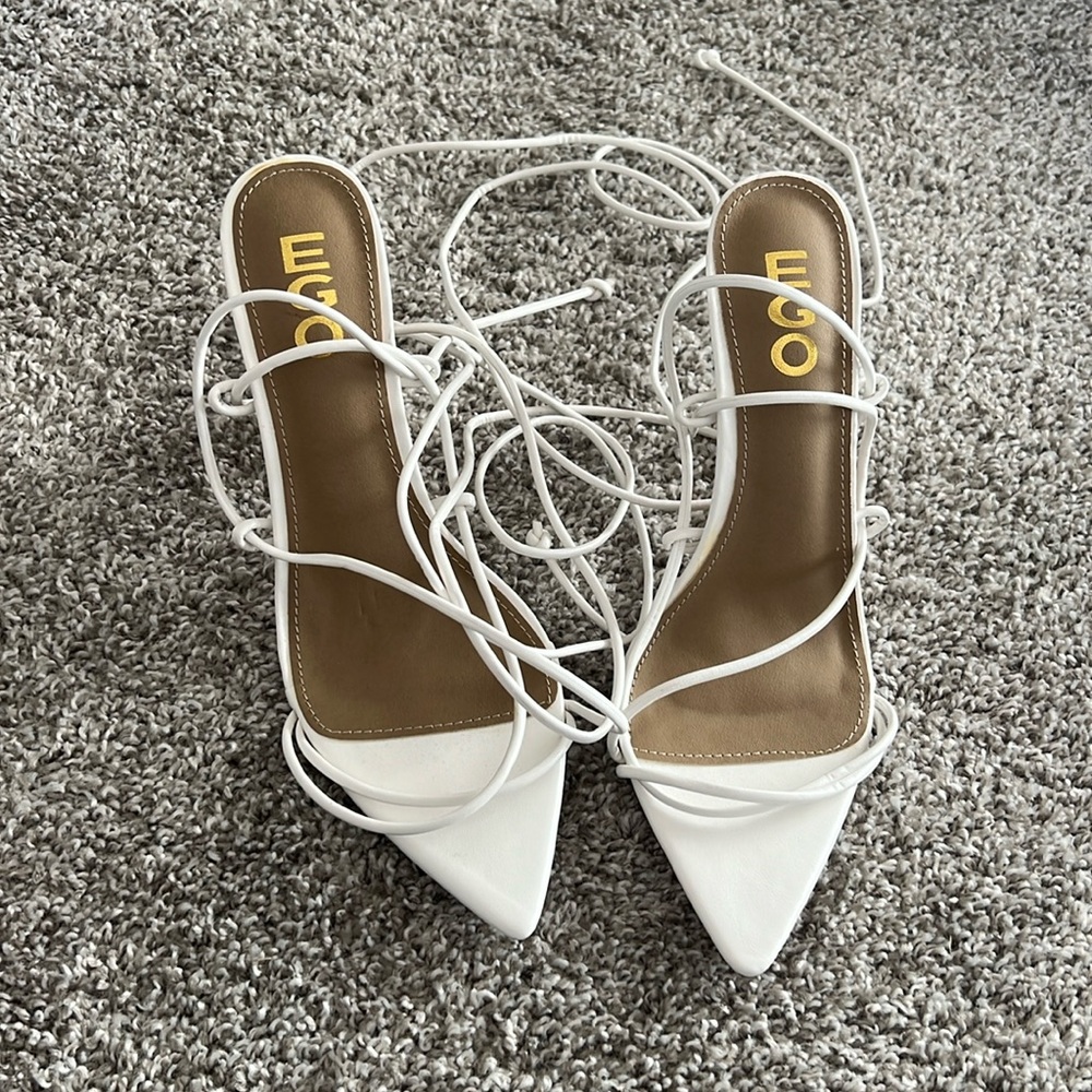 NWT ego white heels with straps and unique heel